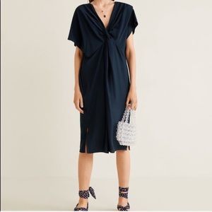Mango Dark Navy Flowy Side Slit knotted Midi Dress